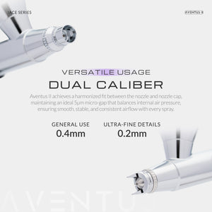 Gaahleri Aventus II mit zwei Düsengrößen: 0,4 mm für allgemeine Arbeiten und 0,2 mm für feine Details, jeweils in Nahaufnahme.