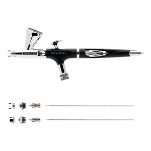 Gaahleri Aventus II Black Aurora 2-in-1-Airbrush mit zwei separat angeordneten Nadel- und Düsensätzen auf weißem Hintergrund.