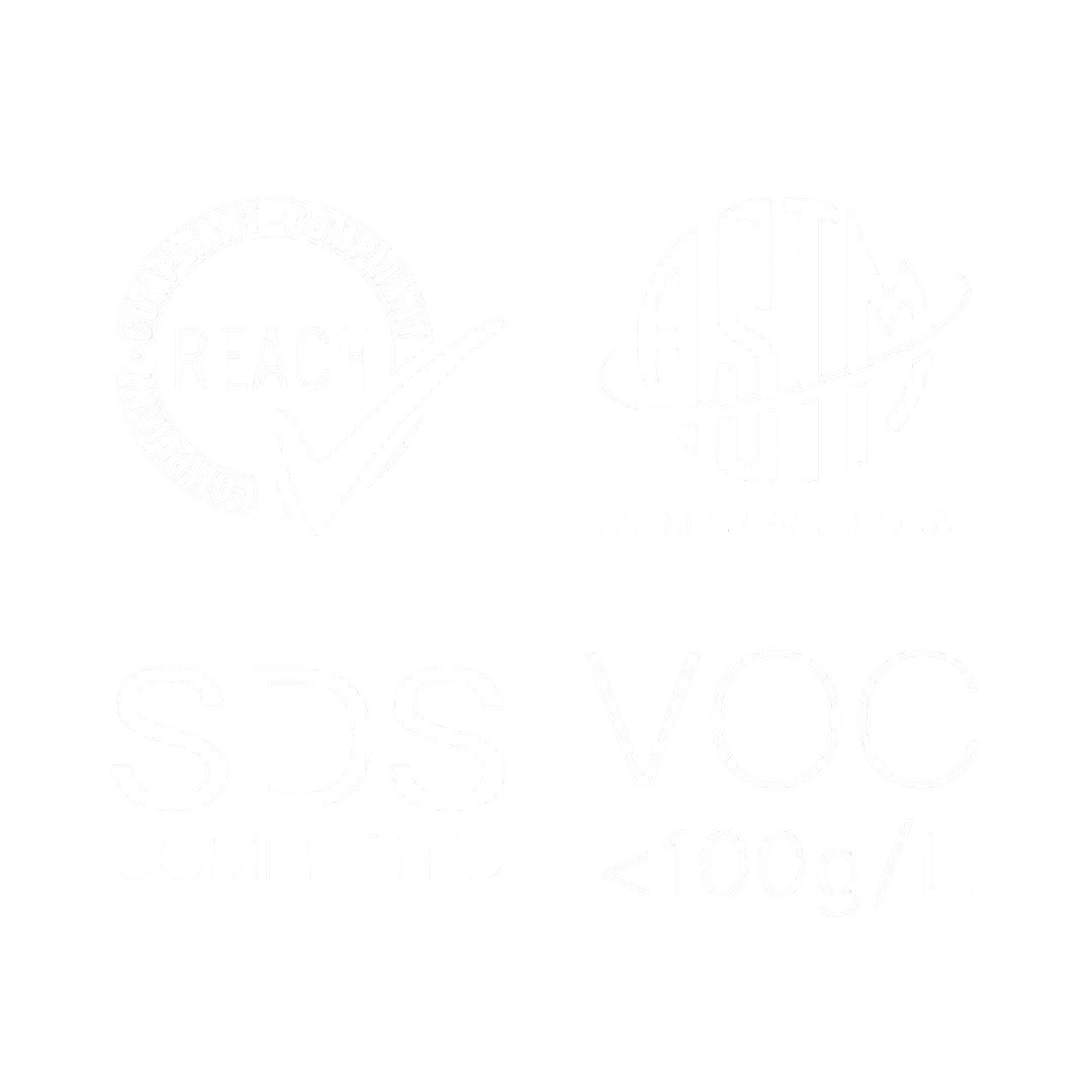 Grafik mit den Angaben „REACH compliant“, „ASTM International“, „SDS completed“ und „VOC < 100 g/L“.
