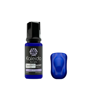 Kaleido K007 Blue: glänzende blaue Acrylfarbe in der 20-ml-Flasche neben einem Farbmuster.