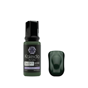 Kaleido K022 Dark Green: glänzende dunkelgrüne Acrylfarbe in der 20-ml-Flasche neben einem Farbmuster.