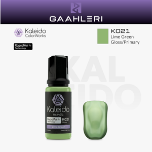 Gaahleri Kaleido ColorWorks K021 Lime Green: hellgrüne Acrylfarbe, glänzend, in der 20-ml-Flasche mit Farbmuster.
