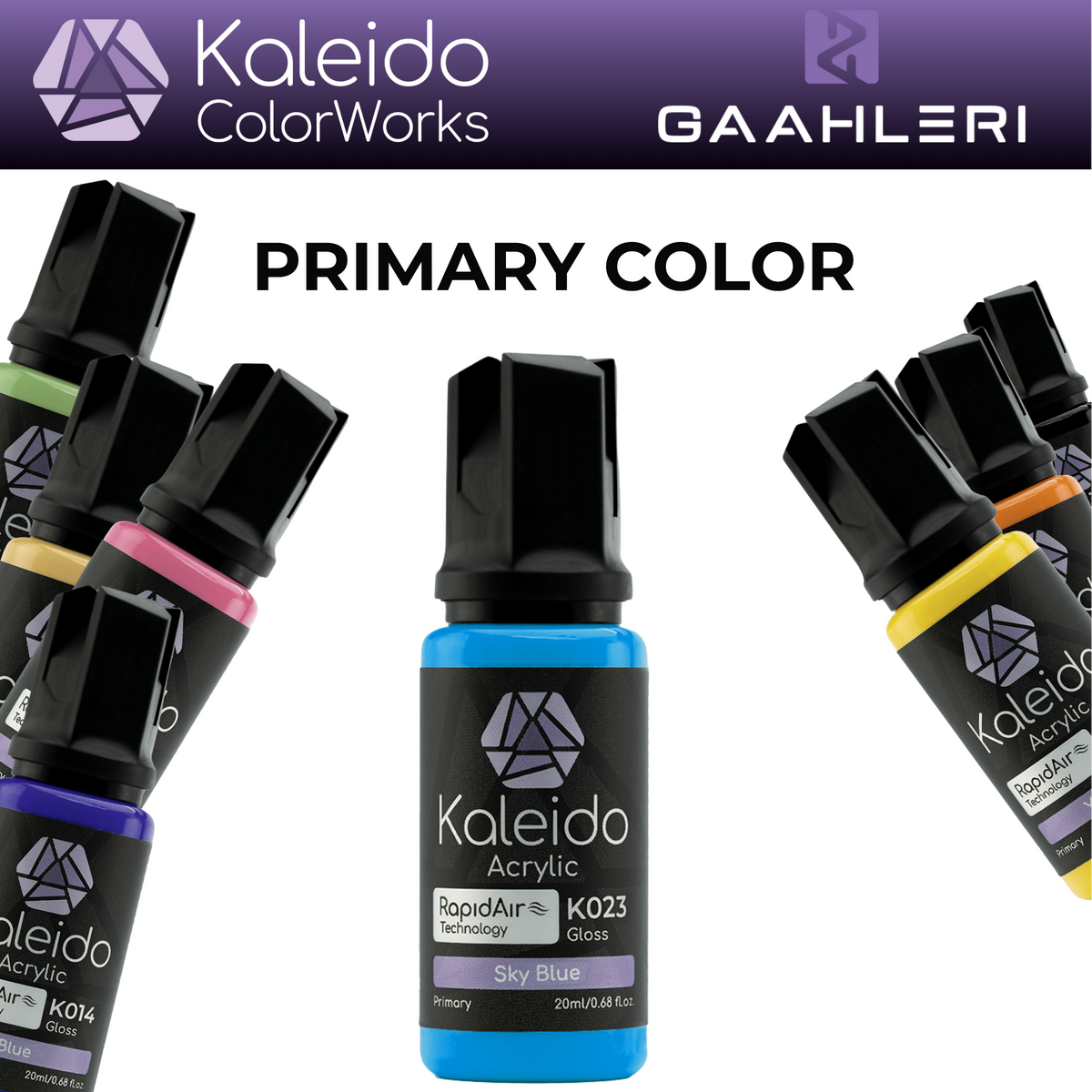 Gaahleri Kaleido ColorWorks Primary Color Acrylfarben: K023 Sky Blue in der Mitte, umgeben von weiteren Farbflaschen.