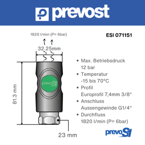 Technische Daten und Abmessungen der Prevost PREVO S1 ESI 071151 Sicherheitskupplung mit G 1/4″-Außengewinde