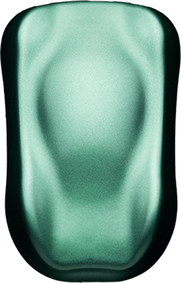 Kaleido K309: mintgrünes Metallic-Farbmuster auf einer gewölbten Testfläche.