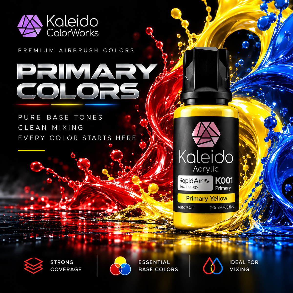 Kaleido ColorWorks Primary Colors: gelbe 20-ml-Flasche K001 Primary Yellow vor roten, gelben und blauen Farbspritzern.