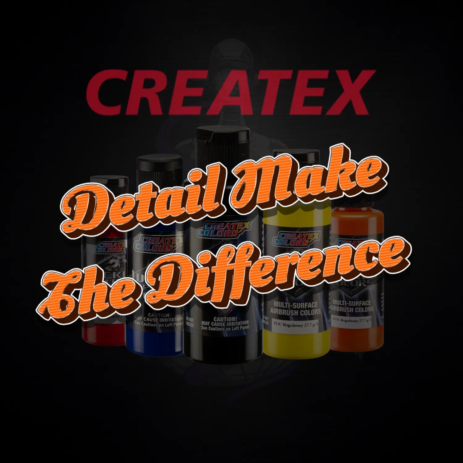 Produktkachel mit Createx Wicked Detail Farben im Hintergrund und dem Slogan ‚Detail makes the difference‘. Zu sehen sind Farbbottles und das Createx-Logo in einem modernen Layout.