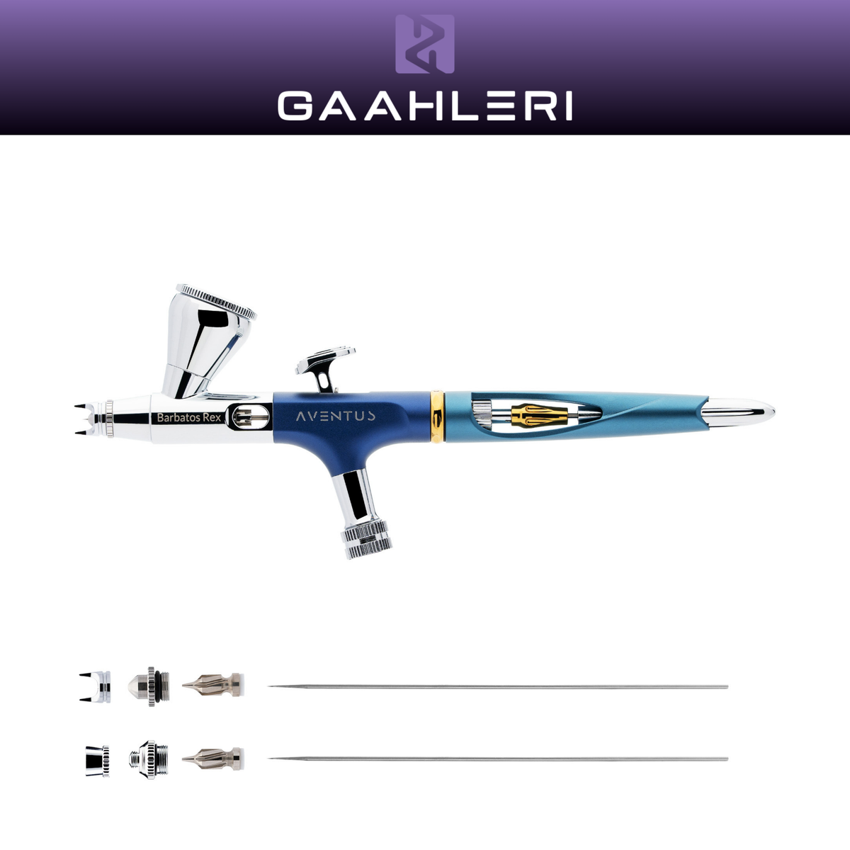 Gaahleri Aventus II Midnight Tide Rex in Dunkelblau und Türkis mit goldfarbenen Akzenten sowie zwei Nadel- und Düsensätzen.