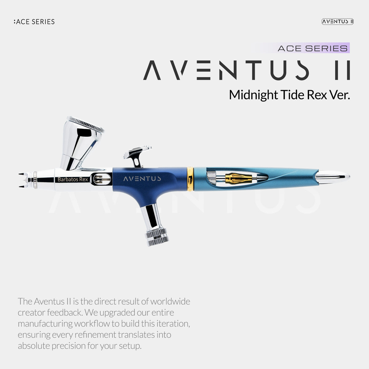 Gaahleri Aventus II Midnight Tide Rex aus der ACE-Serie in Seitenansicht mit blauem Gehäuse, goldfarbenen Akzenten und Barbatos-Rex-Schriftzug.