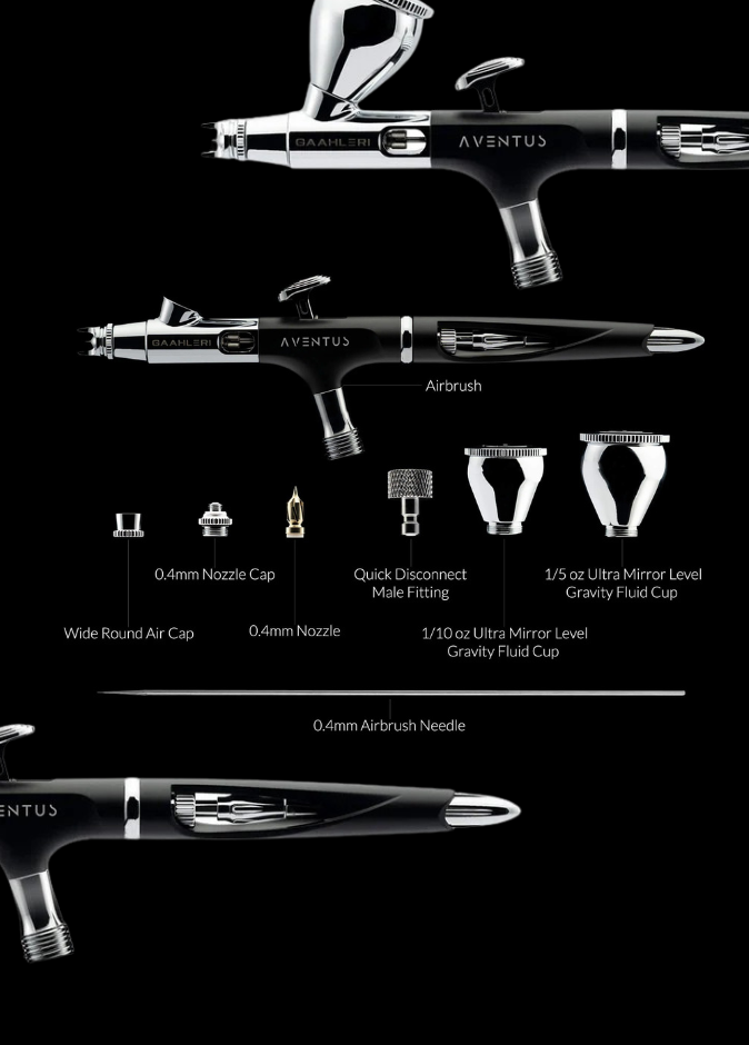 Gaahleri Aventus Black Aurora Airbrush mit Zubehör und 0,4 mm Düse – Übersicht von Airbrush, Nadel und Gravity Cups