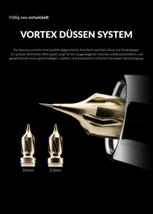 Vortex-Düsensystem der Gaahleri Aventus Airbrush mit 0,2 mm und 0,4 mm Präzisionsdüse