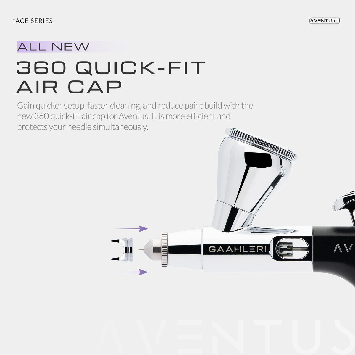 Gaahleri Aventus II mit abgenommener 360-Quick-Fit-Kappe an der Düsenspitze; Pfeile zeigen die Aufsteckrichtung.