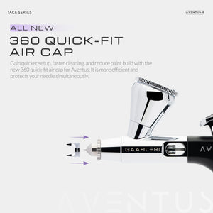 Gaahleri Aventus II mit abgenommener 360-Quick-Fit-Kappe an der Düsenspitze; Pfeile zeigen die Aufsteckrichtung.