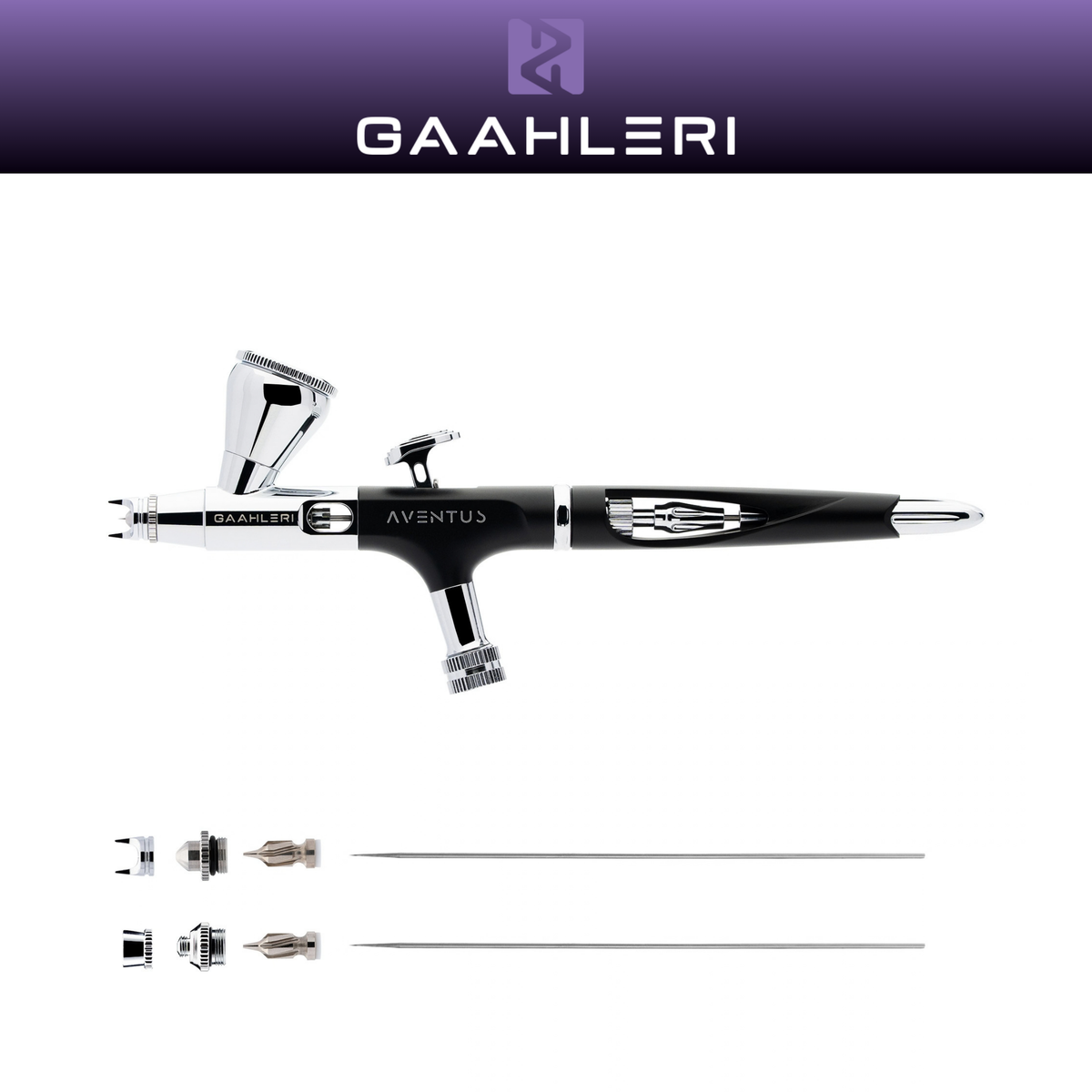 Gaahleri Aventus II Black Aurora 2-in-1-Airbrush in Schwarz und Chrom mit zwei Nadel- und Düsensätzen auf weißem Hintergrund.