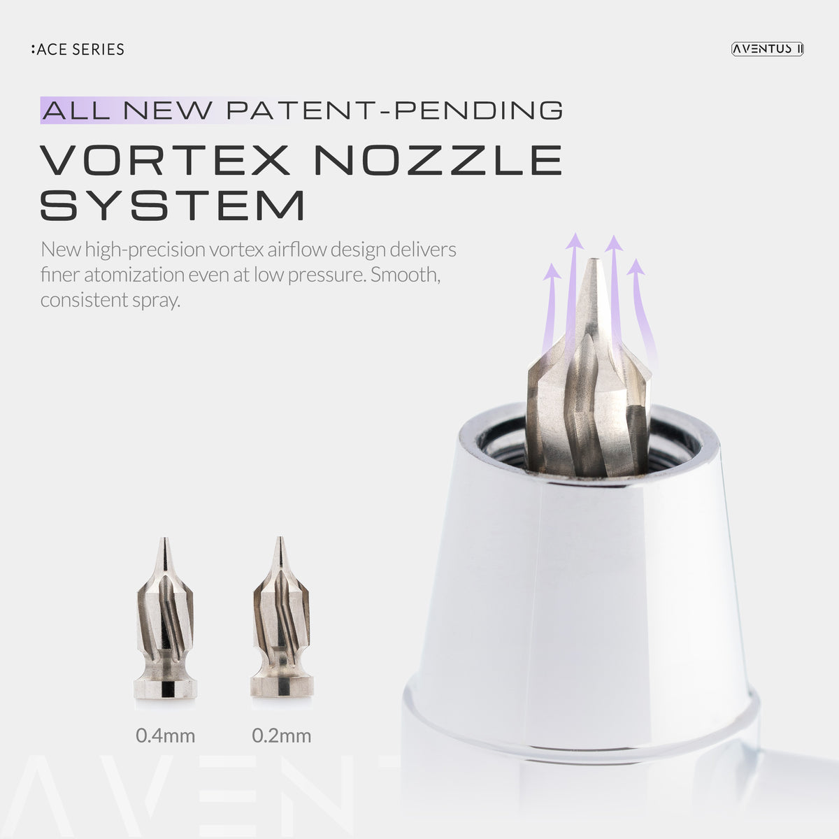 Vortex-Düsensystem der Gaahleri Aventus II mit 0,2- und 0,4-mm-Düsen; violette Pfeile zeigen den Luftstrom an der Düsenspitze.
