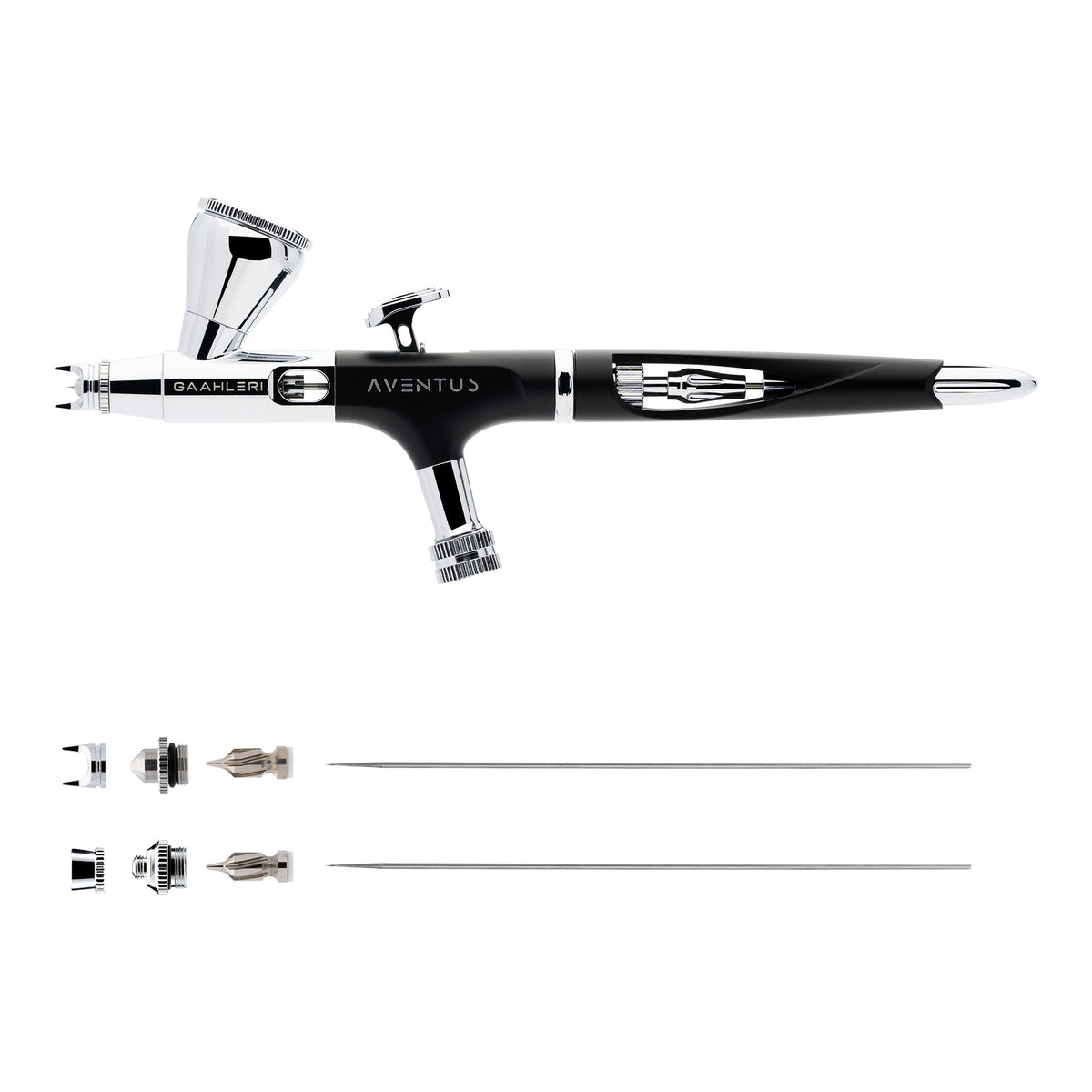 Gaahleri Aventus II Black Aurora 2-in-1-Airbrush mit zwei separat angeordneten Nadel- und Düsensätzen auf weißem Hintergrund.