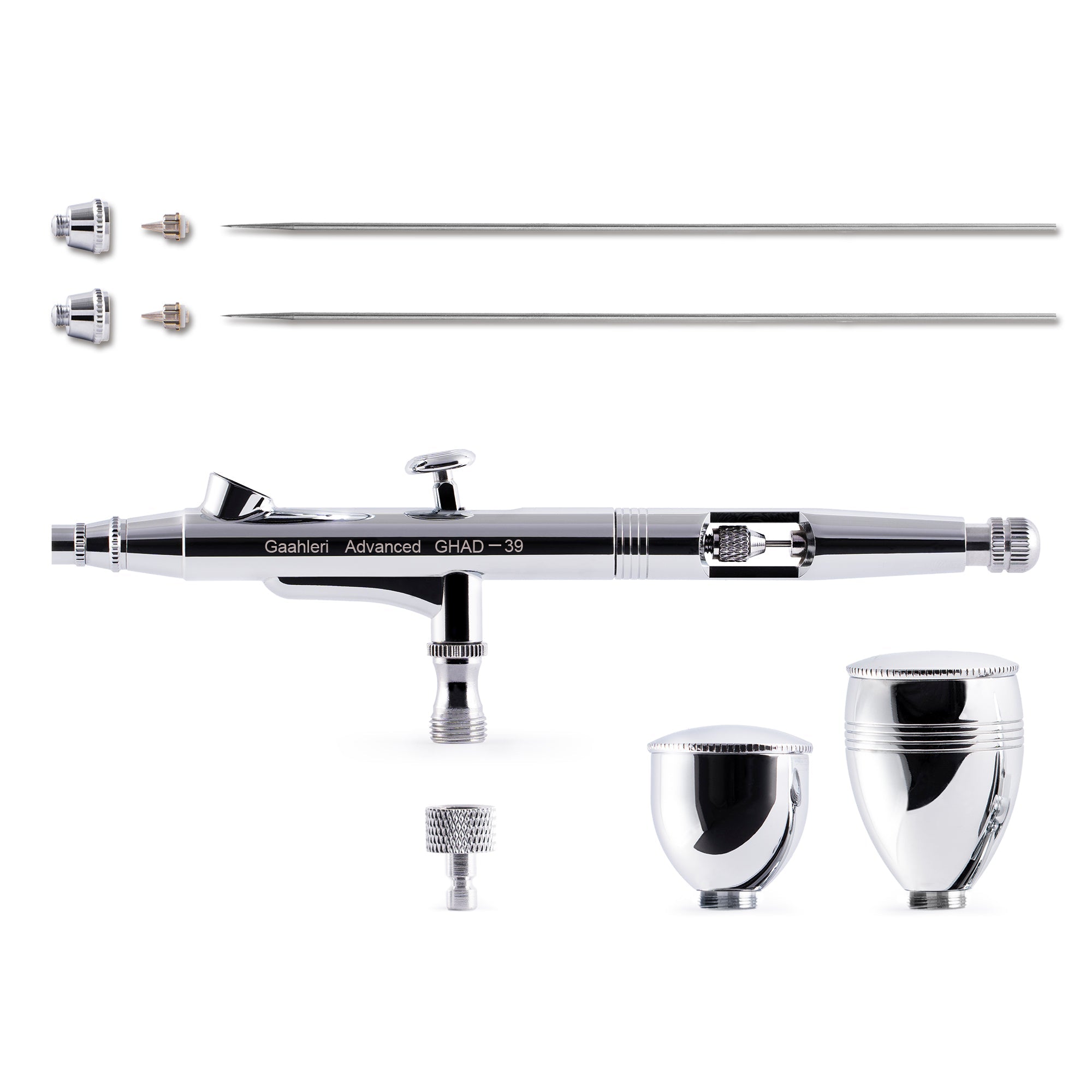 A chrome airbrush kit with interchangeable needles, nozzles, and cups, shown disassembled and laid out on a white background.