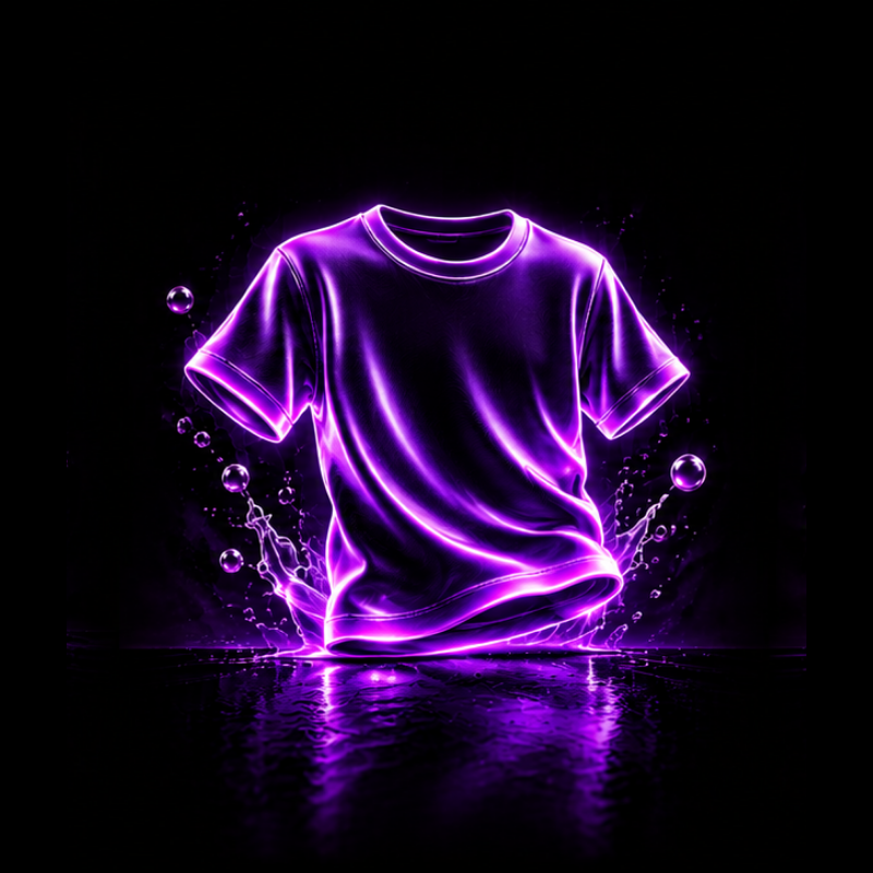 Violett leuchtendes T-Shirt mit Stofffalten und Flüssigkeitsspritzern auf schwarzem Hintergrund.