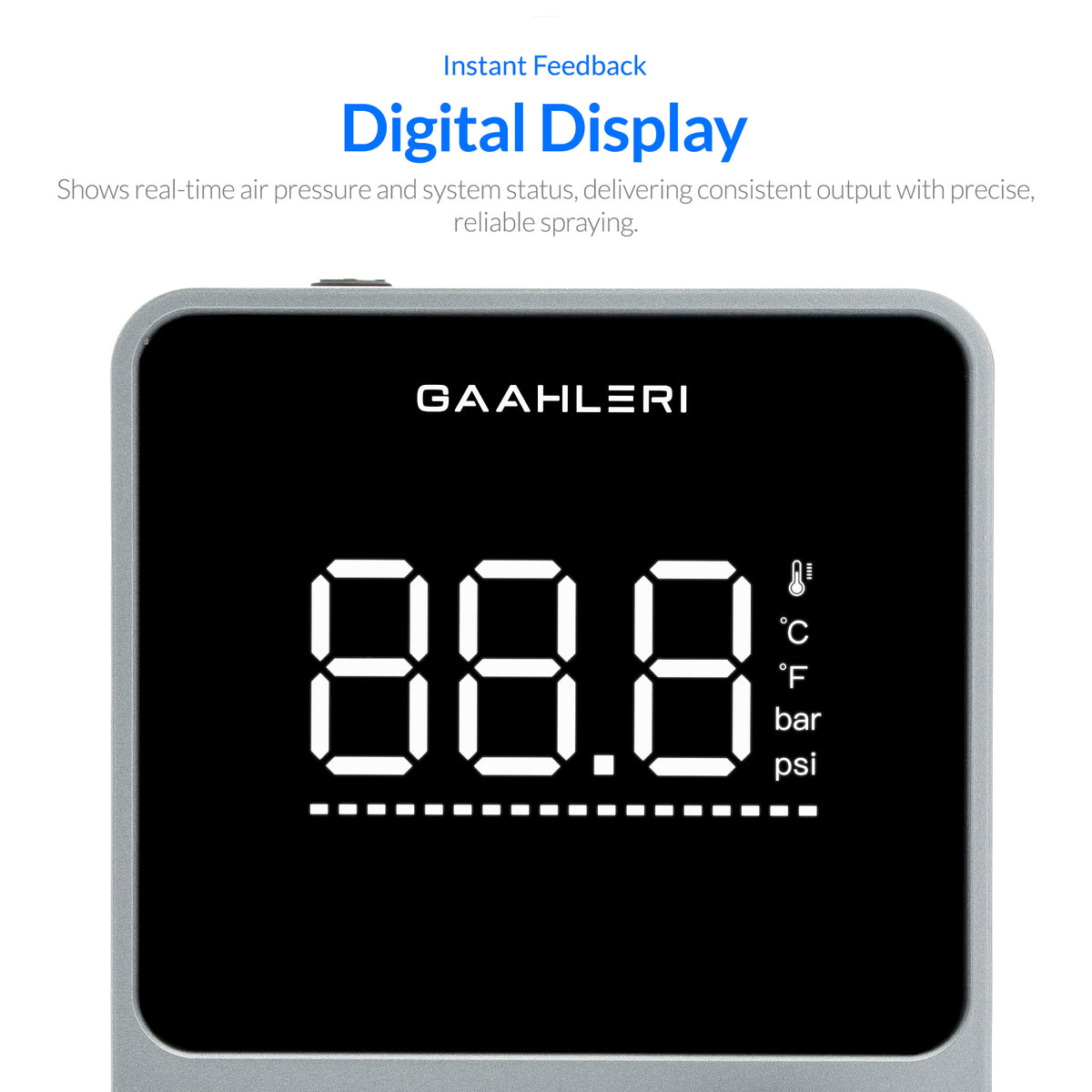 Digitaldisplay des Gaahleri TurboX Mini mit Druck- und Temperaturanzeigen