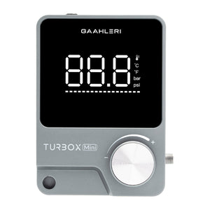 Gaahleri TurboX Mini Kompressor in grauer Frontansicht mit Display und Einstellrad