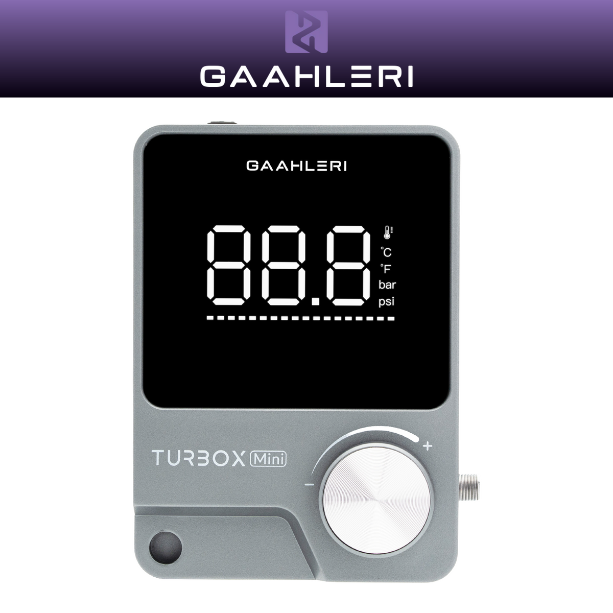 Gaahleri TurboX Mini Kompressor in grauer Frontansicht mit Digitaldisplay und Einstellrad unter einem violetten Gaahleri-Markenbanner.