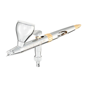Harder & Steenbeck Evolution CR Plus 0.45 mm Airbrush mit 5-ml-Fließbecher, seitliche Ansicht in Chrom-Gold-Ausführung