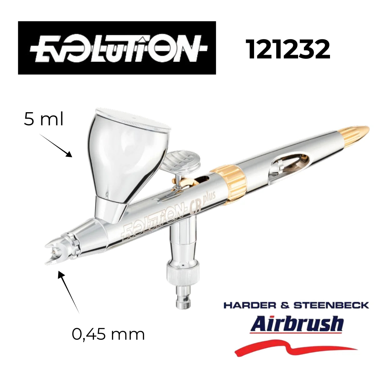 Harder & Steenbeck Evolution CR Plus Airbrush 0.45 mm mit 5-ml-Fließbecher, Produktabbildung mit markierten Details und Artikelnummer 121232