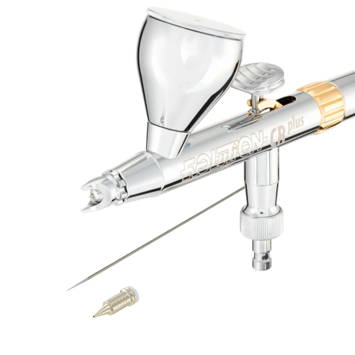 Harder & Steenbeck Evolution CR Plus Airbrush 0.45 mm mit 5-ml-Fließbecher, abgebildet mit separater Nadel und Düse zur visualisierung der nadel und der Steckdüse