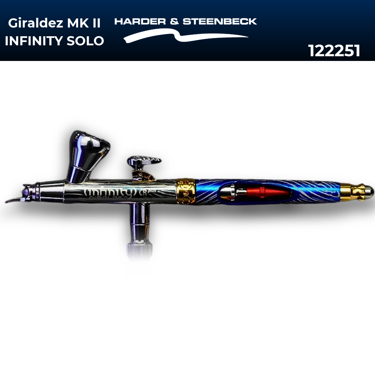 Harder & Steenbeck Infinity Giraldez MK II Solo 122251 in Seitenansicht mit verchromtem Körper, blauem Griff und goldfarbenen Akzenten.