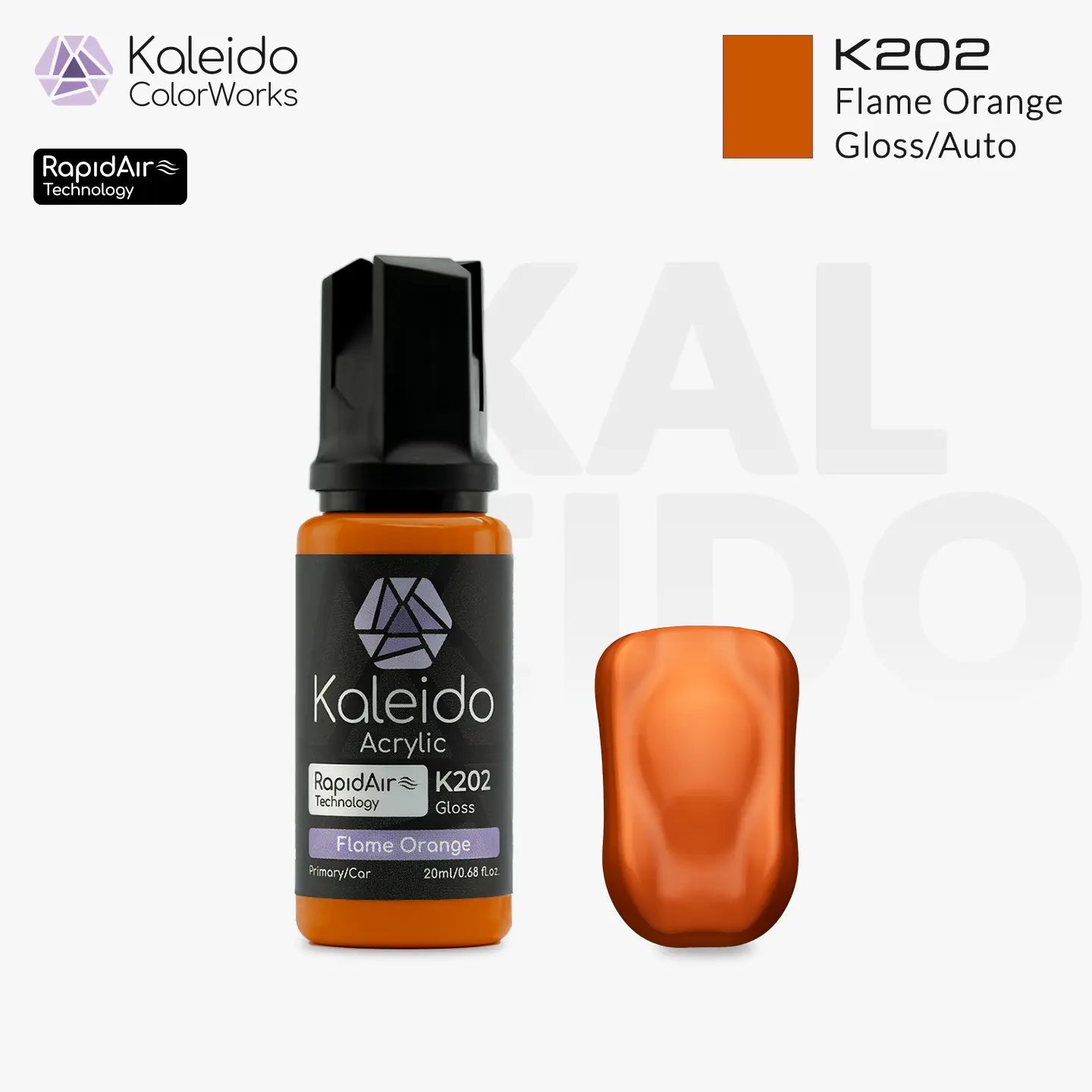 Kaleido ColorWorks K202 Flame Orange Gloss Auto Colors 20ml brand layout image