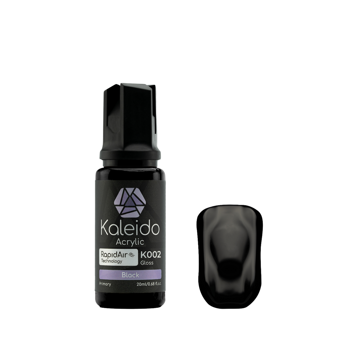 Kaleido K002 Black: glänzende schwarze Acrylfarbe in der 20-ml-Flasche neben einem Farbmuster.