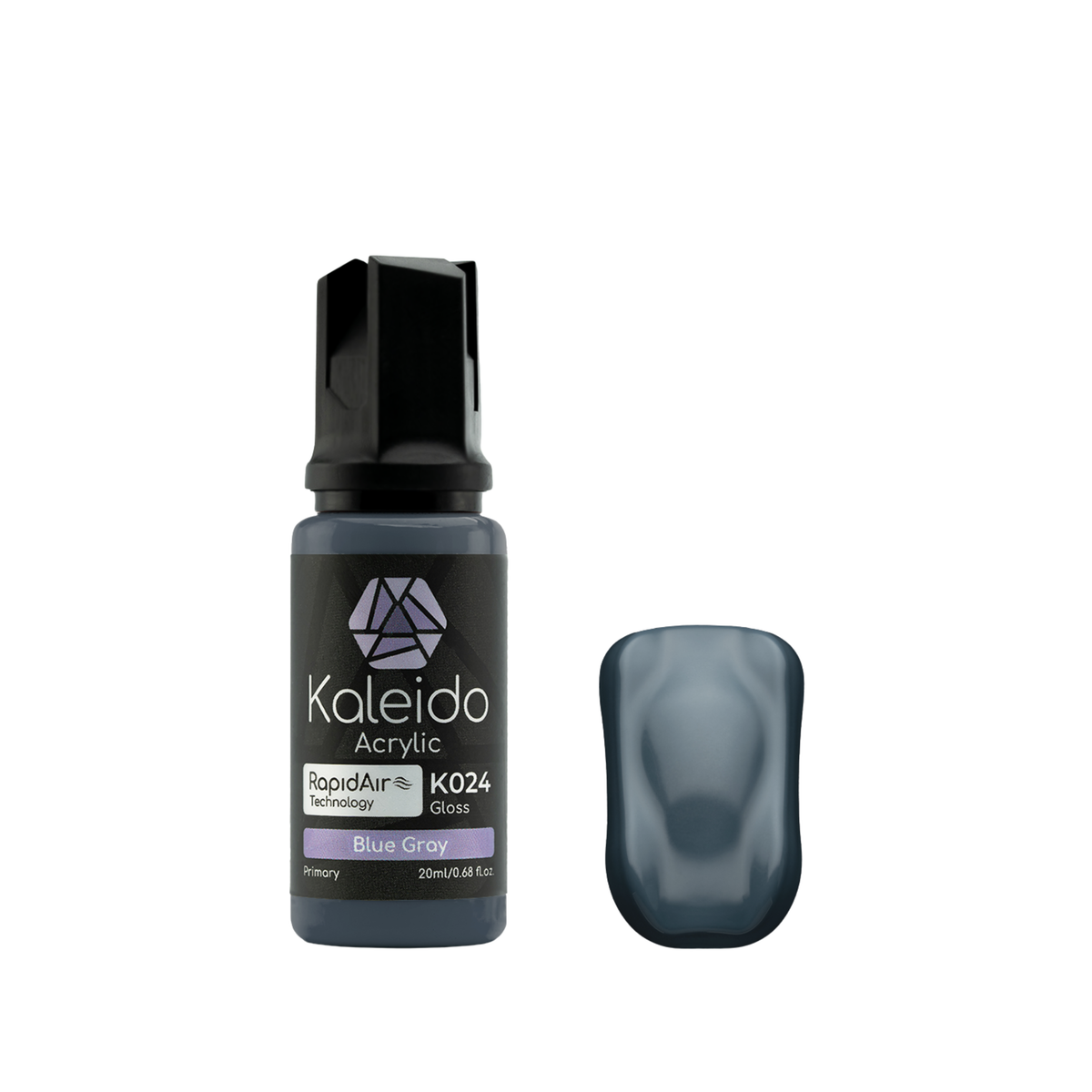 Kaleido K024 Blue Gray: glänzende blaugraue Acrylfarbe in der 20-ml-Flasche neben einem Farbmuster.