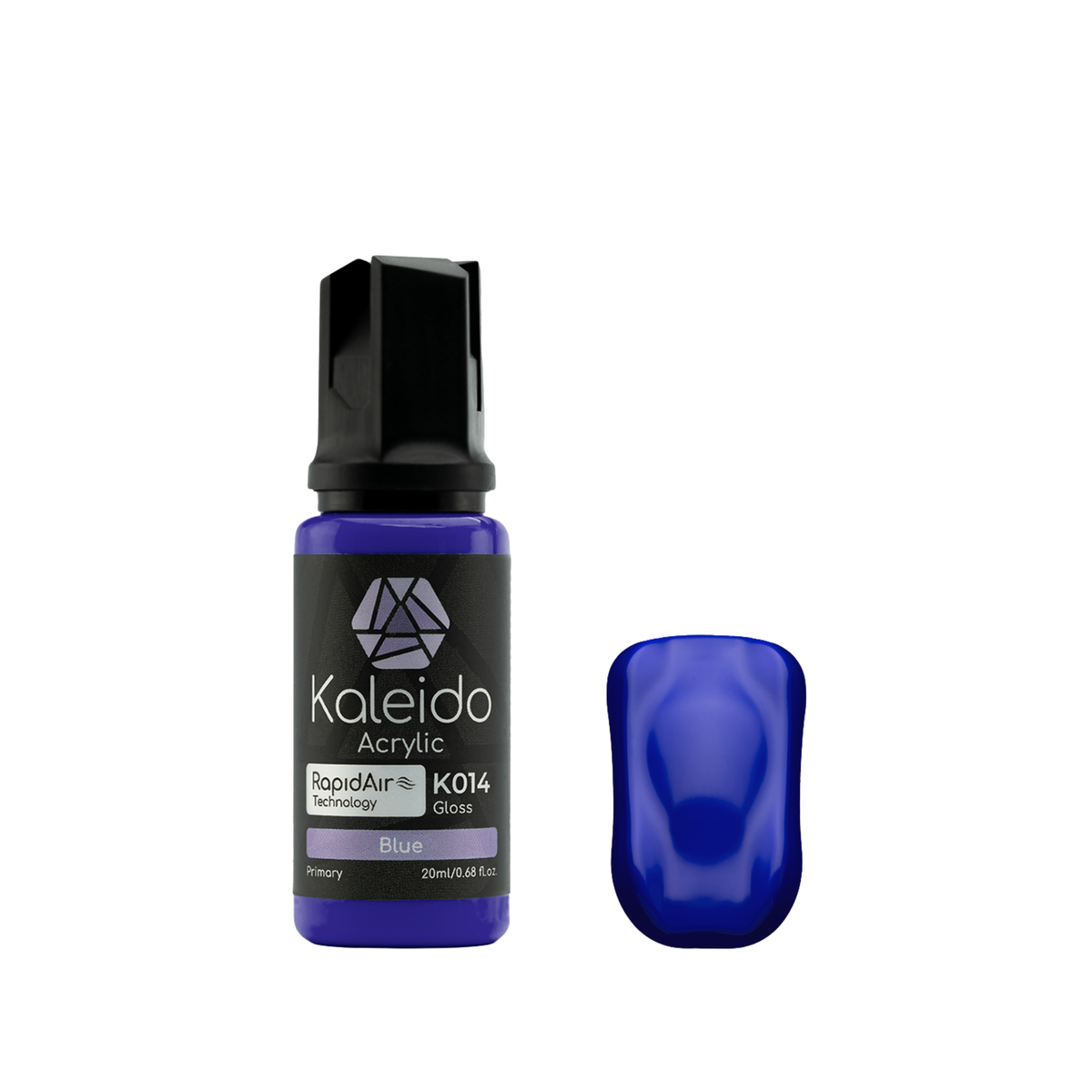 Kaleido K014 Cobalt Blue: glänzende blauviolette Acrylfarbe in der 20-ml-Flasche neben einem Farbmuster.