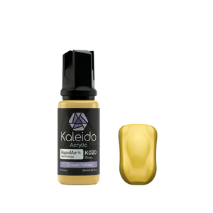 Kaleido K020 Cream Yellow: glänzende cremegelbe Acrylfarbe in der 20-ml-Flasche neben einem Farbmuster.