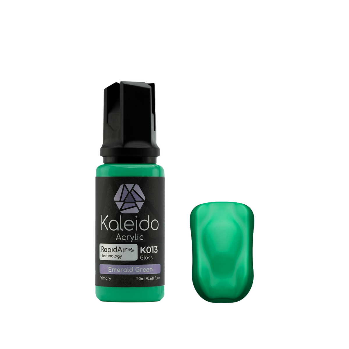 Kaleido K013 Emerald Green: glänzende smaragdgrüne Acrylfarbe in der 20-ml-Flasche neben einem Farbmuster.