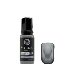 Kaleido K010 Gray: glänzende graue Acrylfarbe in der 20-ml-Flasche neben einem Farbmuster.