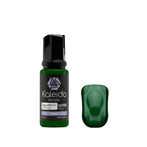 Kaleido K006 Green: glänzende grüne Acrylfarbe in der 20-ml-Flasche neben einem Farbmuster.