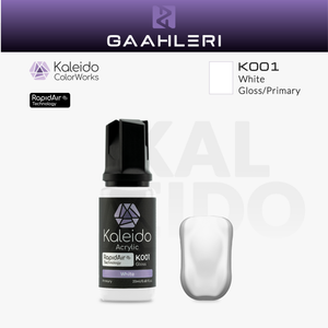 Gaahleri Kaleido ColorWorks K001 White: weiße Acrylfarbe, glänzend, in der 20-ml-Flasche mit Farbmuster.