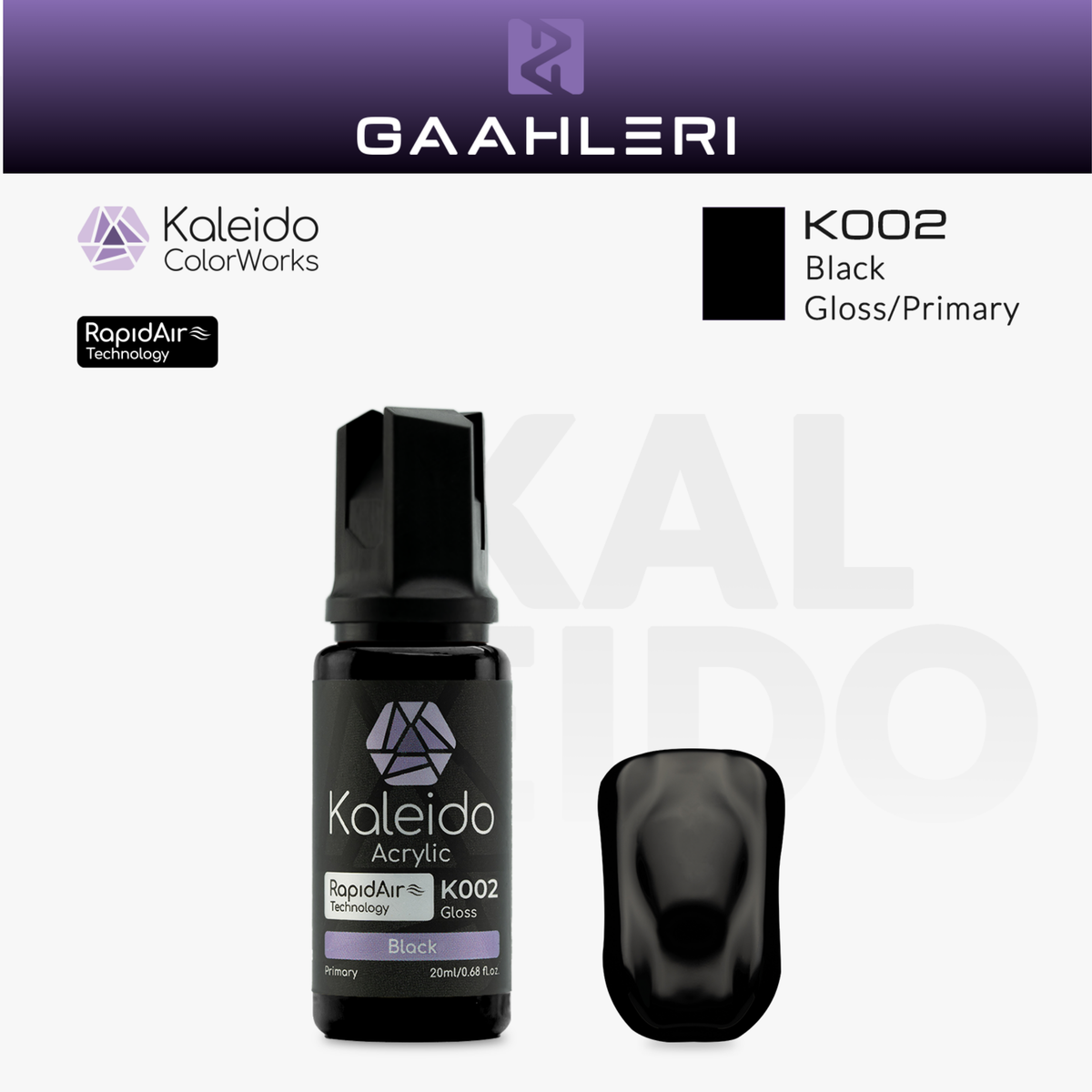 Gaahleri Kaleido ColorWorks K002 Black: schwarze Acrylfarbe, glänzend, in der 20-ml-Flasche mit Farbmuster.