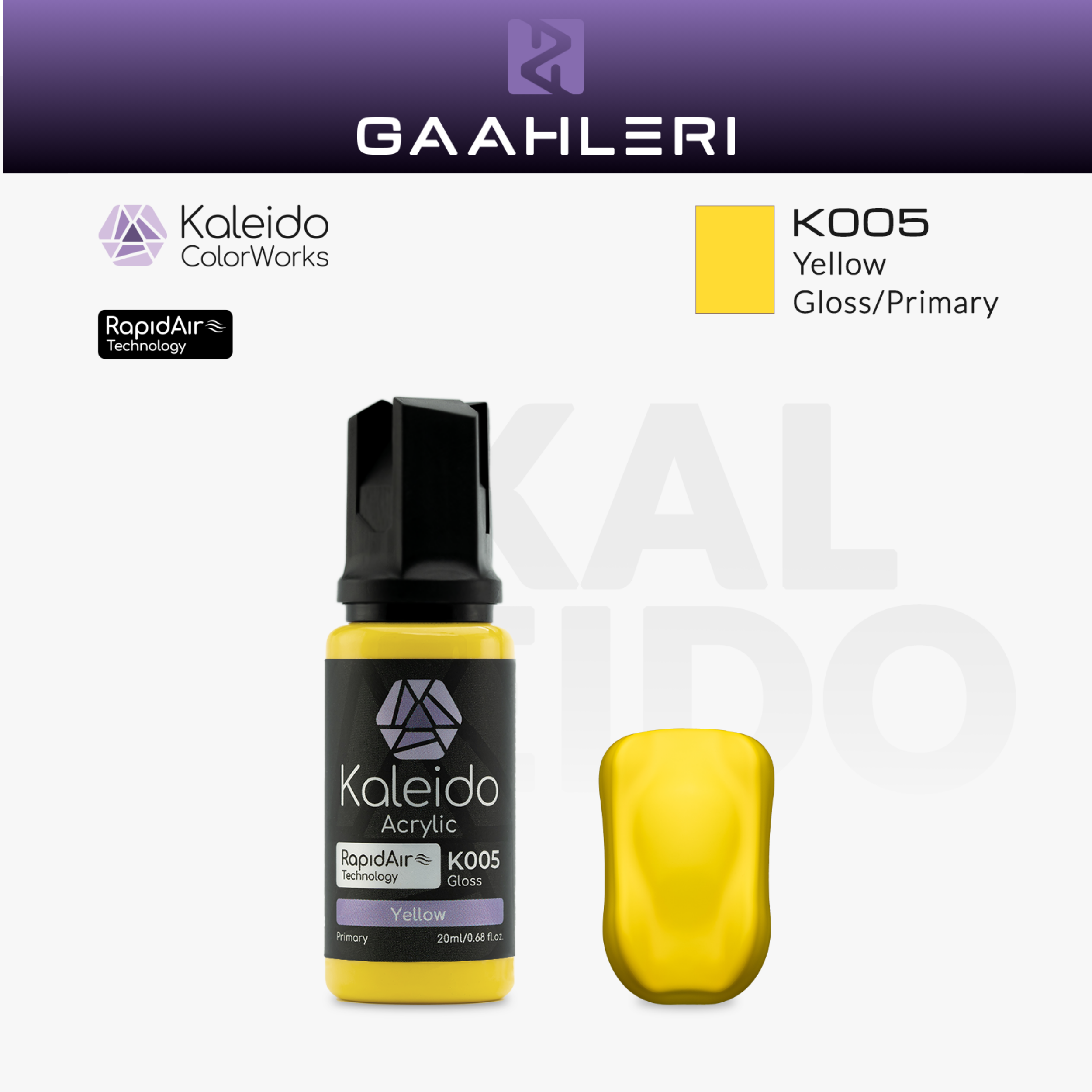 Gaahleri Kaleido ColorWorks K005 Yellow: gelbe Acrylfarbe, glänzend, in der 20-ml-Flasche mit Farbmuster.