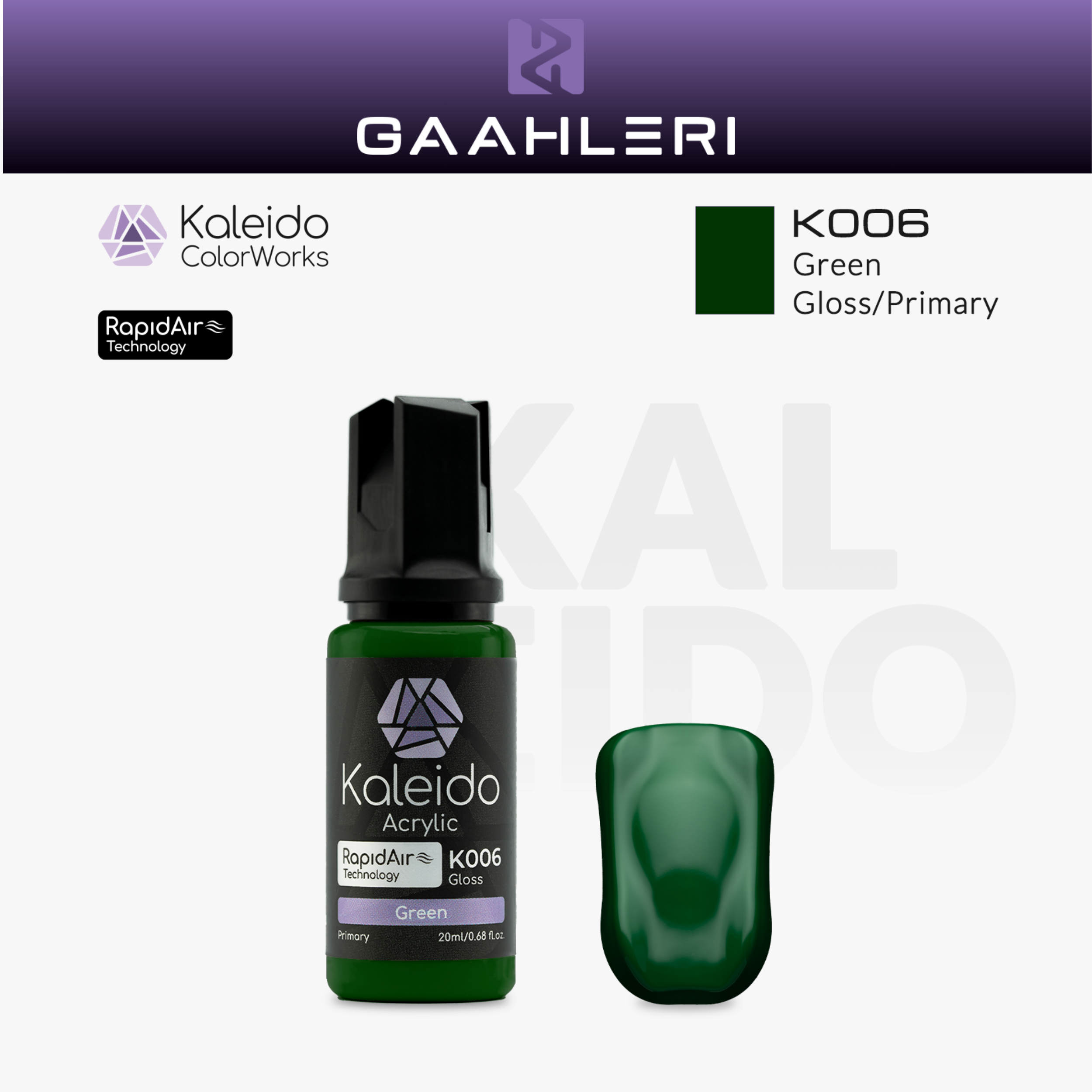 Gaahleri Kaleido ColorWorks K006 Green: grüne Acrylfarbe, glänzend, in der 20-ml-Flasche mit Farbmuster.