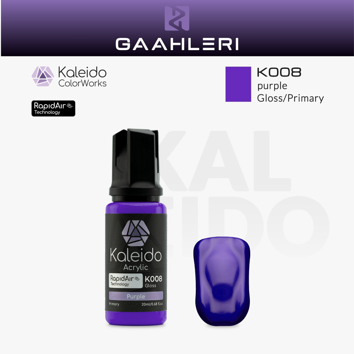 Gaahleri Kaleido ColorWorks K008 Purple: violette Acrylfarbe, glänzend, in der 20-ml-Flasche mit Farbmuster.