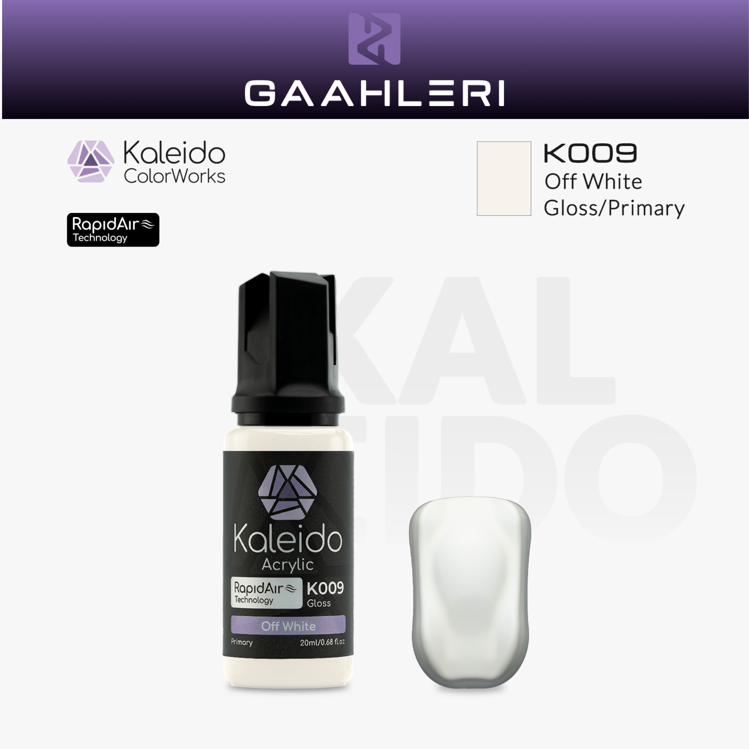 Gaahleri Kaleido ColorWorks K009 Off White: cremeweiße Acrylfarbe, glänzend, in der 20-ml-Flasche mit Farbmuster.