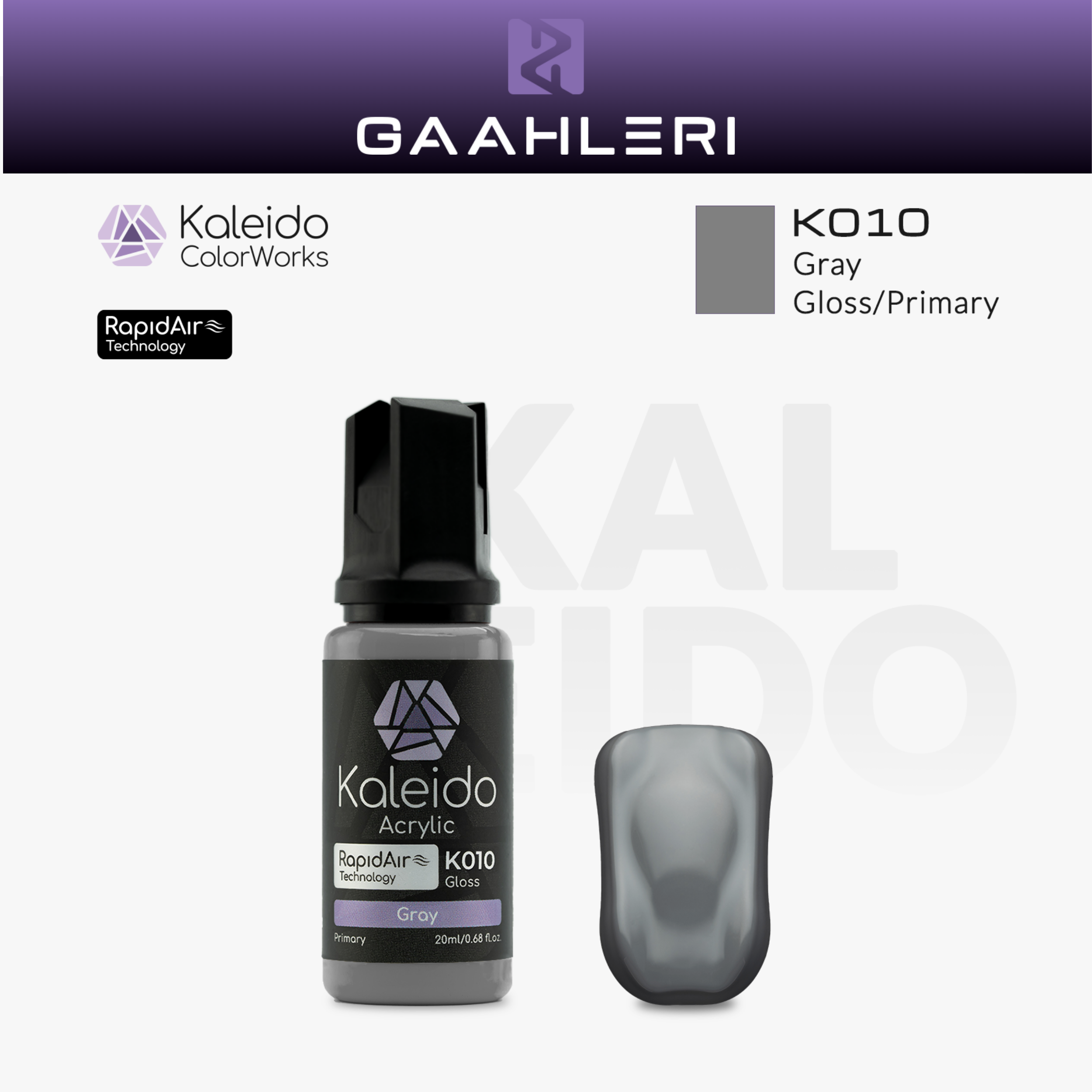 Gaahleri Kaleido ColorWorks K010 Gray: graue Acrylfarbe, glänzend, in der 20-ml-Flasche mit Farbmuster.