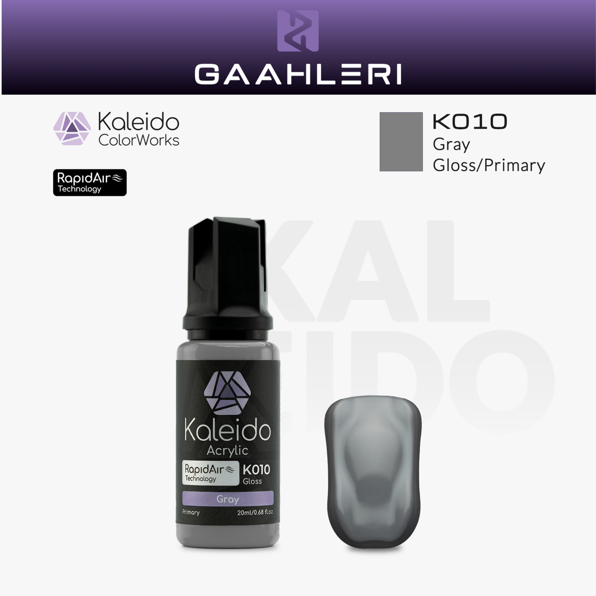 Gaahleri Kaleido ColorWorks K010 Gray: graue Acrylfarbe, glänzend, in der 20-ml-Flasche mit Farbmuster.