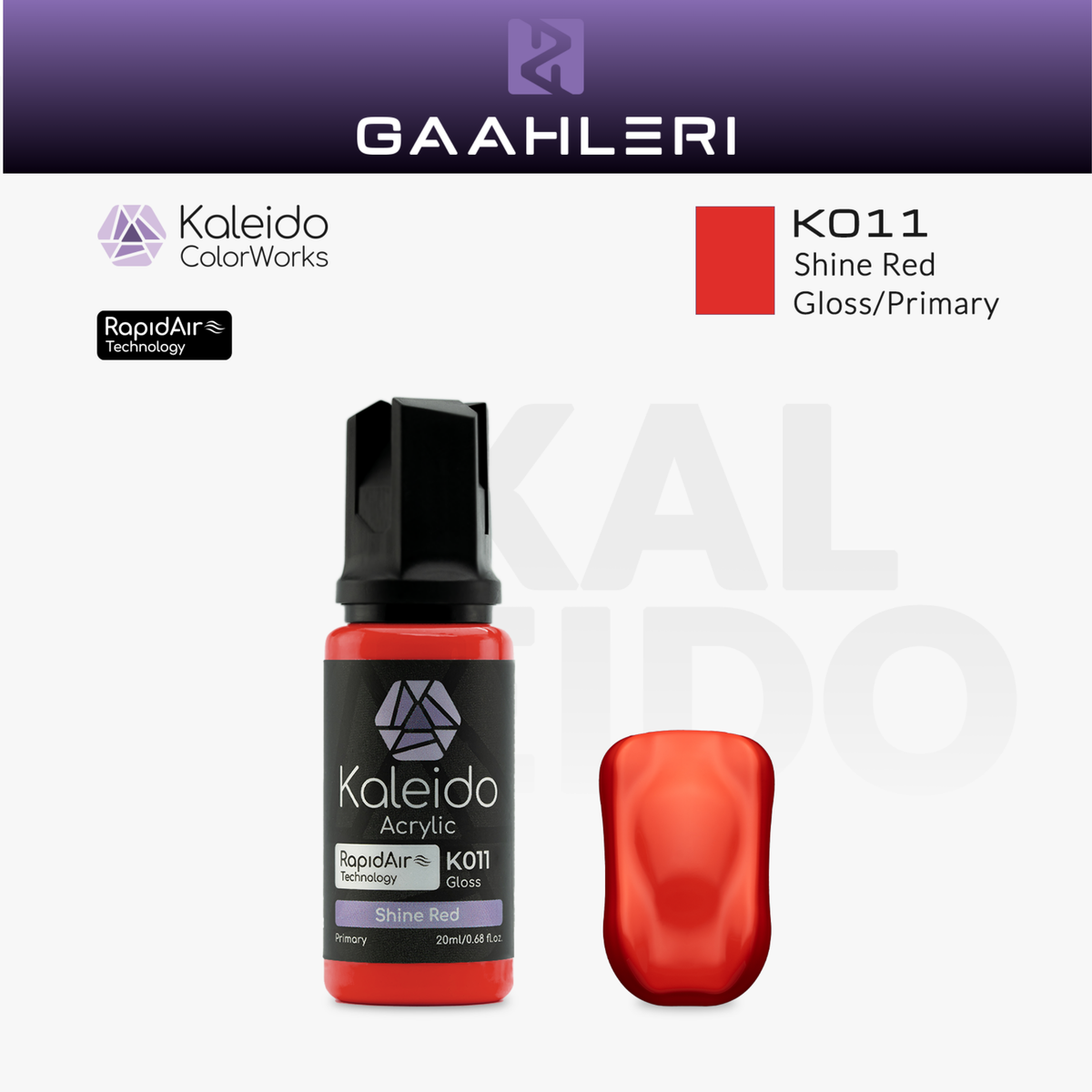 Gaahleri Kaleido ColorWorks K011 Shine Red: rote Acrylfarbe, glänzend, in der 20-ml-Flasche mit Farbmuster.