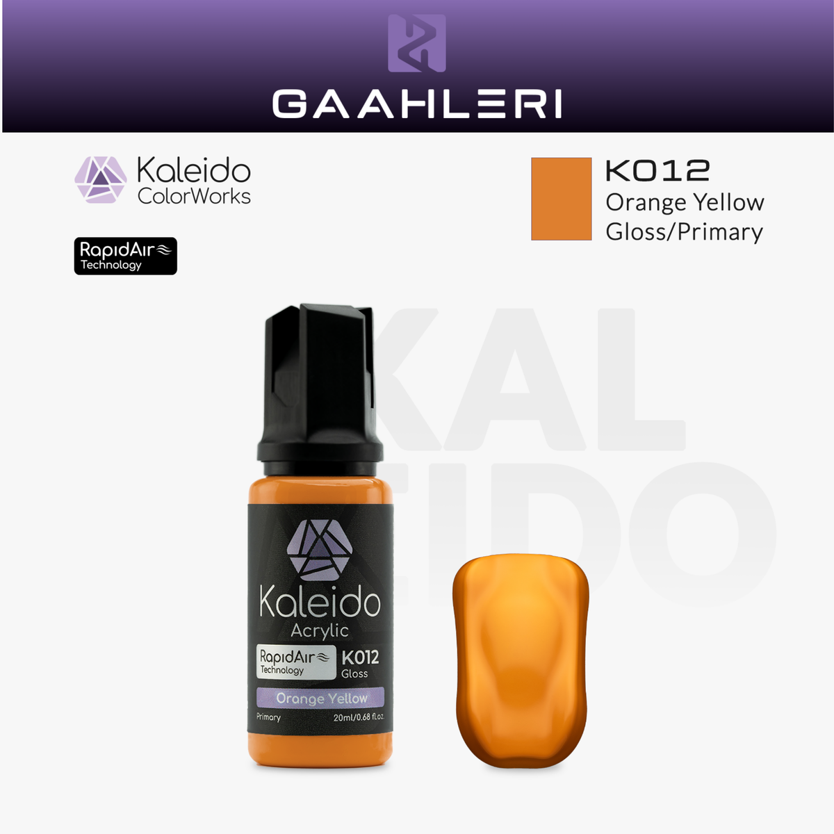 Gaahleri Kaleido ColorWorks K012 Orange Yellow: orangegelbe Acrylfarbe, glänzend, in der 20-ml-Flasche mit Farbmuster.