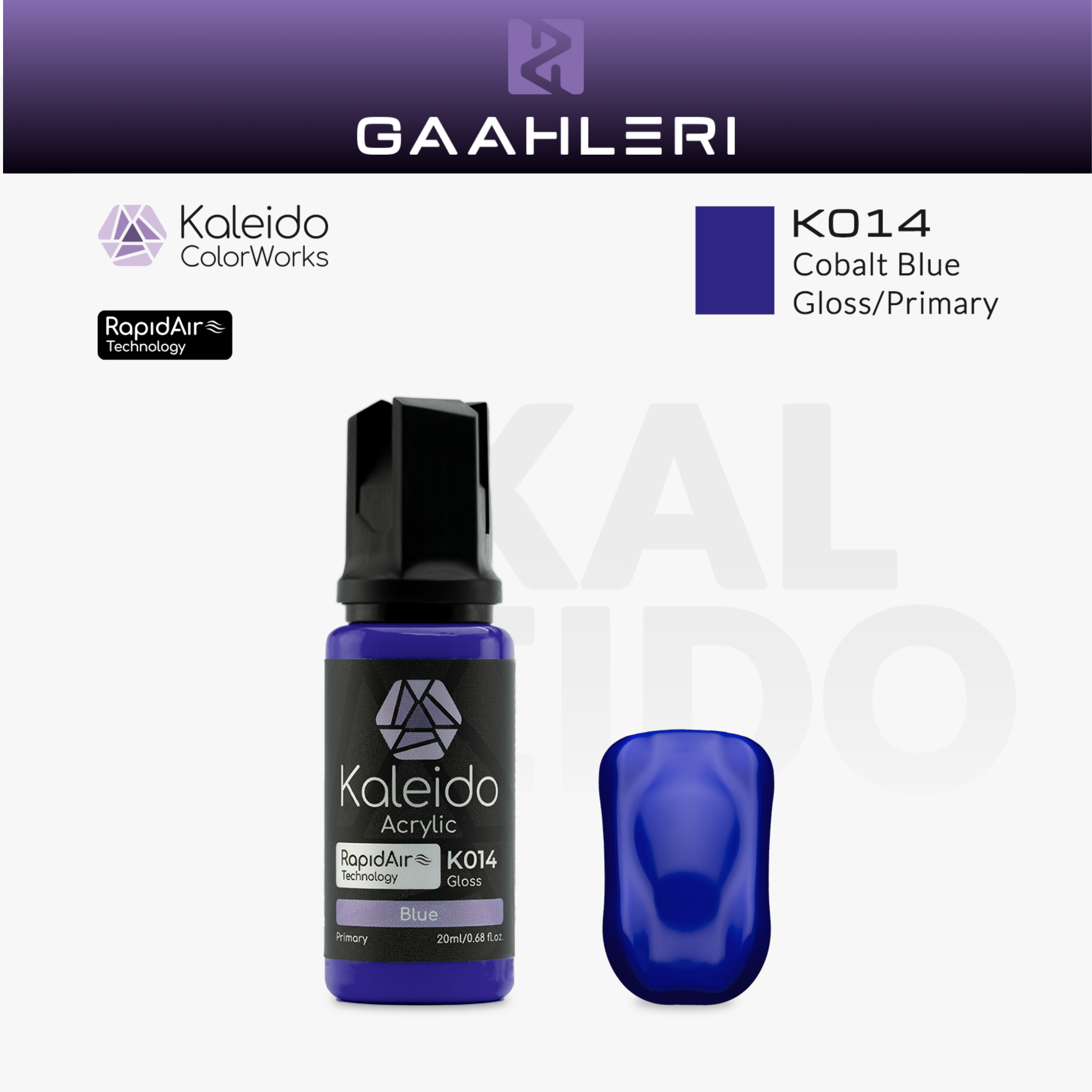 Gaahleri Kaleido ColorWorks K014 Cobalt Blue: blauviolette Acrylfarbe, glänzend, in der 20-ml-Flasche mit Farbmuster.