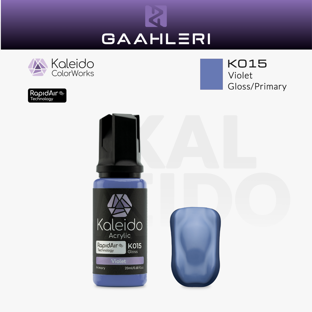 Gaahleri Kaleido ColorWorks K015 Violet: violette Acrylfarbe, glänzend, in der 20-ml-Flasche mit Farbmuster.