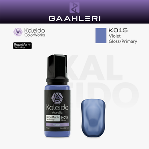 Gaahleri Kaleido ColorWorks K015 Violet: violette Acrylfarbe, glänzend, in der 20-ml-Flasche mit Farbmuster.